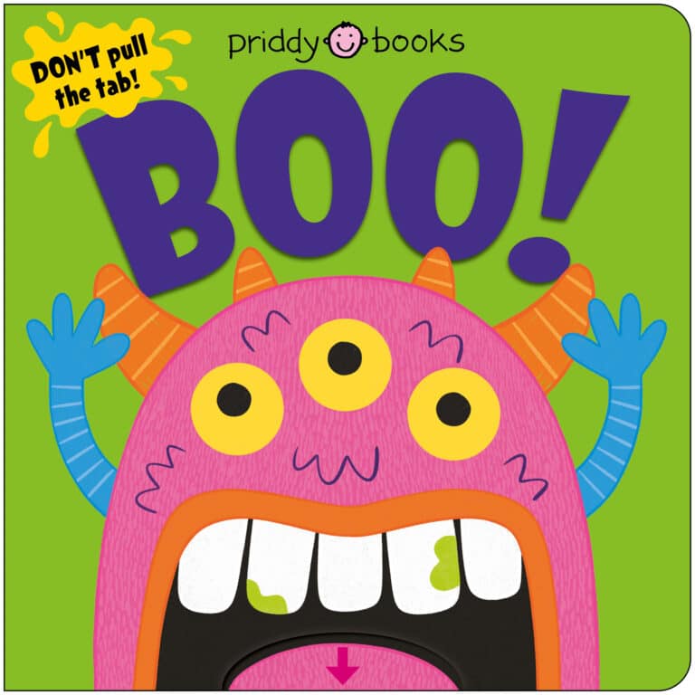Children's book cover with a pink monster, three eyes, and the word "BOO!" in bold letters.