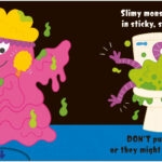 Two monsters in goo: one pink with a brush, another green in a toilet. Text warns: "DON'T pull the tab.
