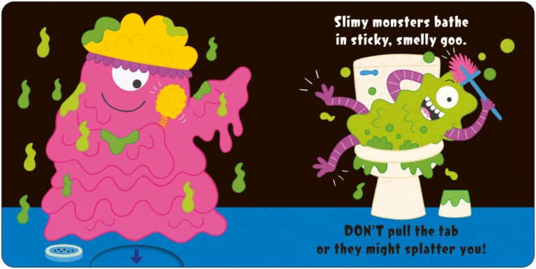Two monsters in goo: one pink with a brush, another green in a toilet. Text warns: "DON'T pull the tab.