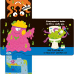 A colorful children's book page with playful, slimy monsters and a bath scene.
