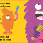 Furry orange monster combs its hair while a large purple monster smiles, both holding grooming tools.