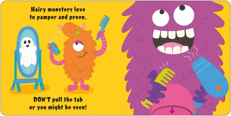 Furry orange monster combs its hair while a large purple monster smiles, both holding grooming tools.