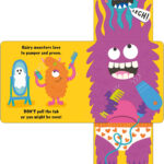 Illustrated purple monster with comb, dryer; hairy orange monster and ghost in mirror; text reads "Don't pull the tab.