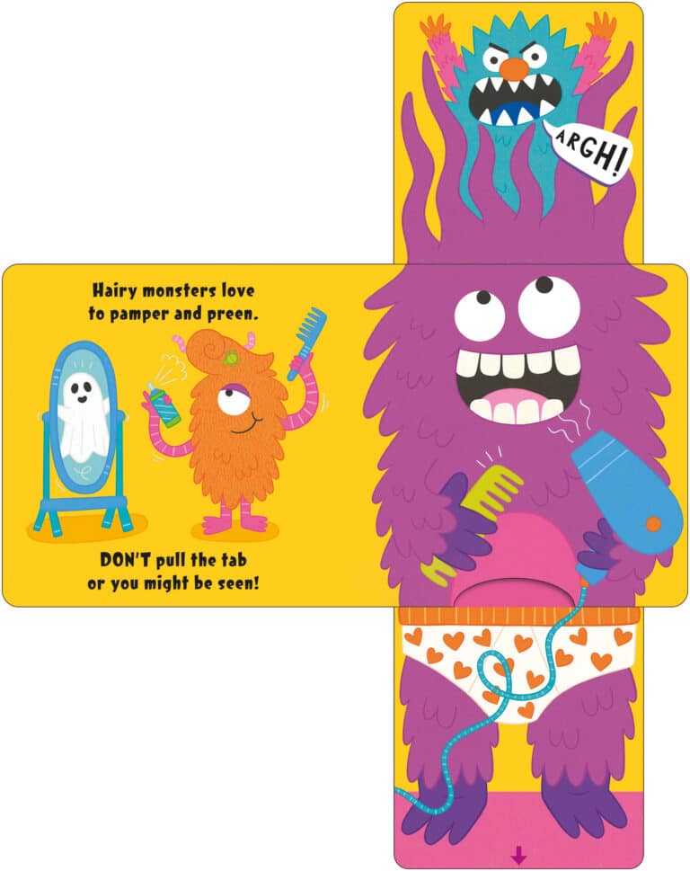 Illustrated purple monster with comb, dryer; hairy orange monster and ghost in mirror; text reads "Don't pull the tab.
