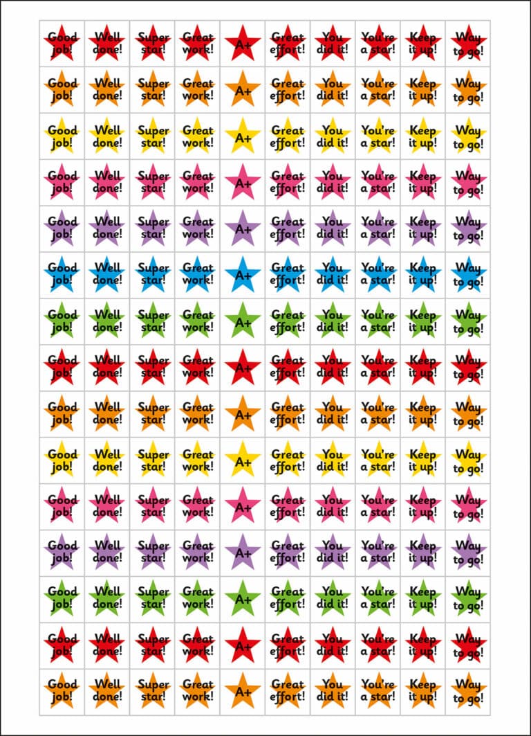 Colorful sheet of star stickers with phrases like “Good job!” and “Great work!” in different colors and fonts.