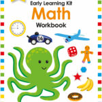 Colorful math workbook cover with an octopus, toys, fruit, and shapes; for ages 5-7.