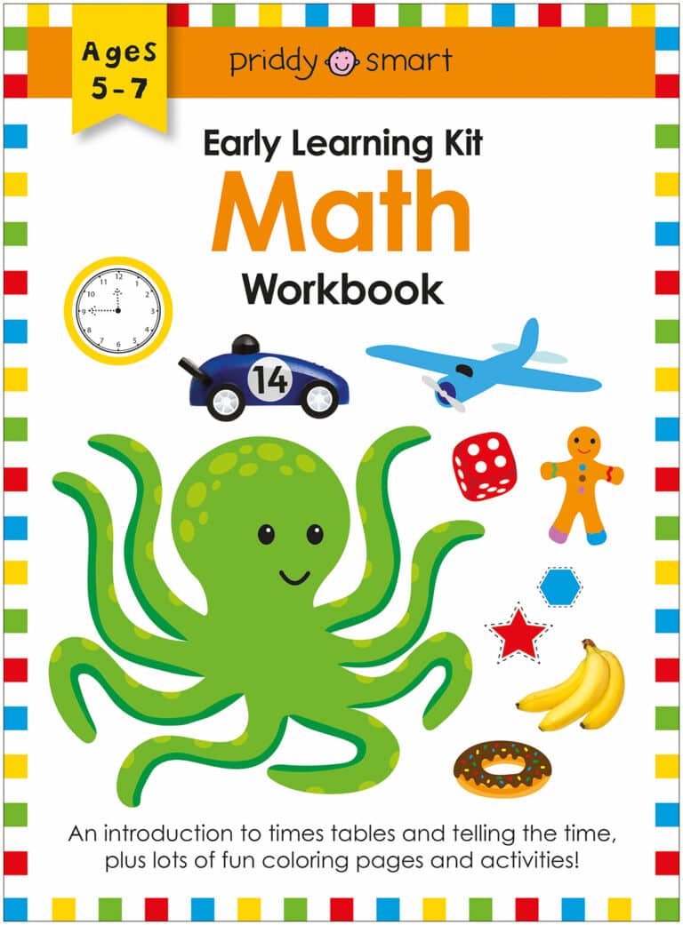 Colorful math workbook cover with an octopus, toys, fruit, and shapes; for ages 5-7.