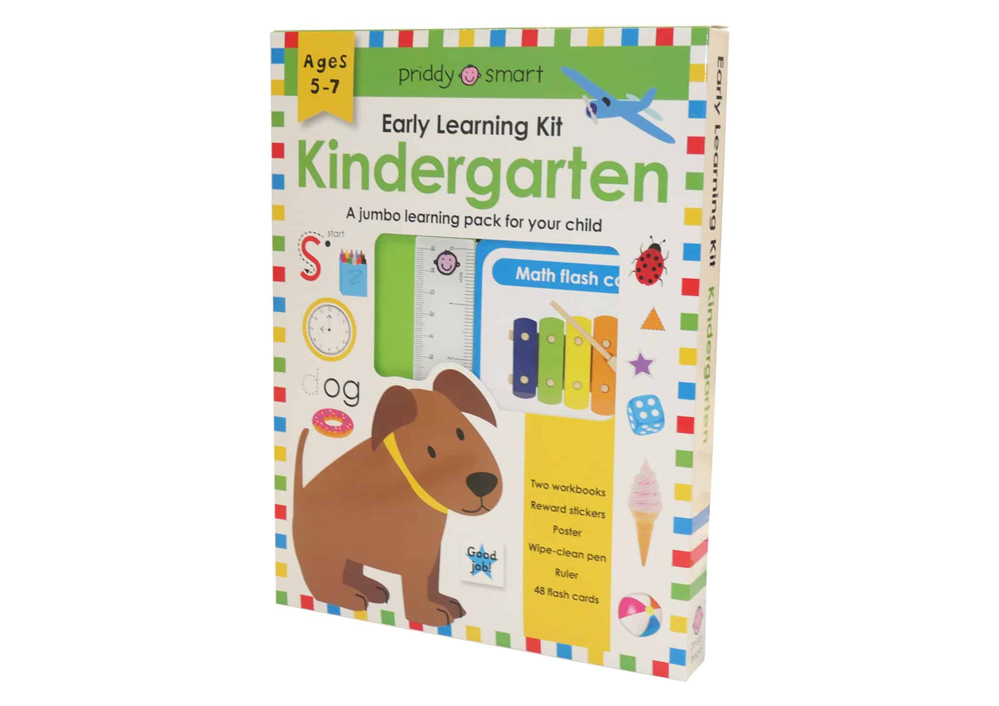 Early Learning Kit Kindergarten box with colorful graphics, ruler, stickers, and a cartoon dog on the cover.