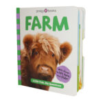 Children’s book titled “FARM” featuring a brown cow on the cover and a purple label with activity prompts.