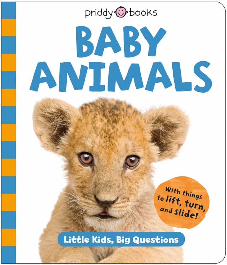 A book cover titled "Baby Animals" featuring a lion cub's face and a badge saying "With things to lift, turn, and slide!.
