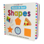 Children’s book titled “Match & Sort Shapes” with colorful shapes and objects on the cover.