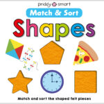 Children’s shapes matching activity book cover with images of a kite, pizza slice, star, clock, and shape cutouts.