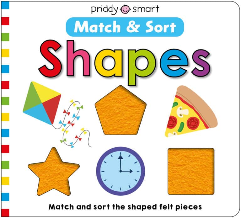 Children’s shapes matching activity book cover with images of a kite, pizza slice, star, clock, and shape cutouts.