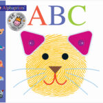 Book cover with “ABC” in large letters and a yellow cat face made from a fingerprint and pink ears.