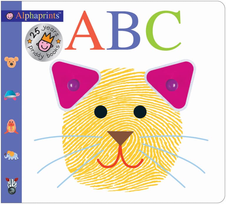 Book cover with “ABC” in large letters and a yellow cat face made from a fingerprint and pink ears.