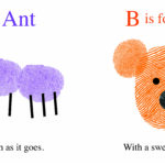 A purple ant with a leaf and an orange bear face, both made from fingerprints, with text for each letter.