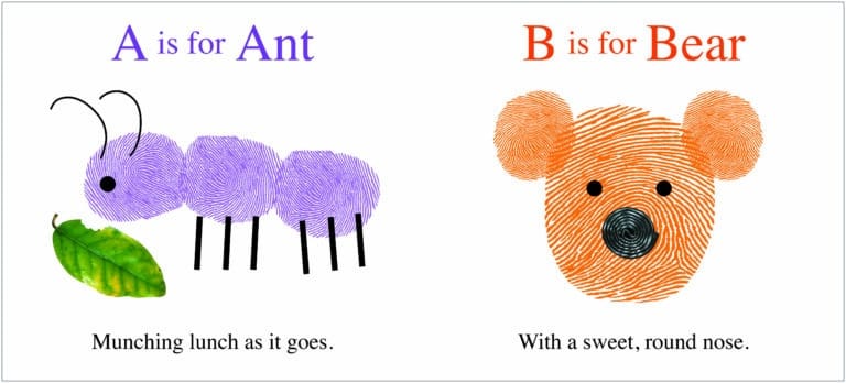 A purple ant with a leaf and an orange bear face, both made from fingerprints, with text for each letter.