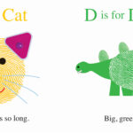 C is for Cat and D is for Dinosaur, illustrated with fingerprint art of a cat and a green dinosaur.