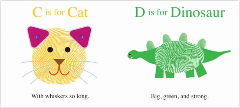 C is for Cat and D is for Dinosaur, illustrated with fingerprint art of a cat and a green dinosaur.
