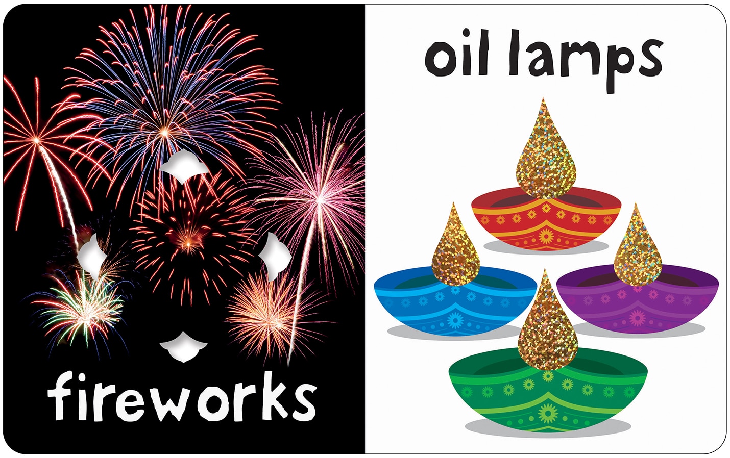 BB T&F Diwali Spread1_LR Fireworks in the night sky on the left; colorful oil lamps with flames on the right, labeled "oil lamps.