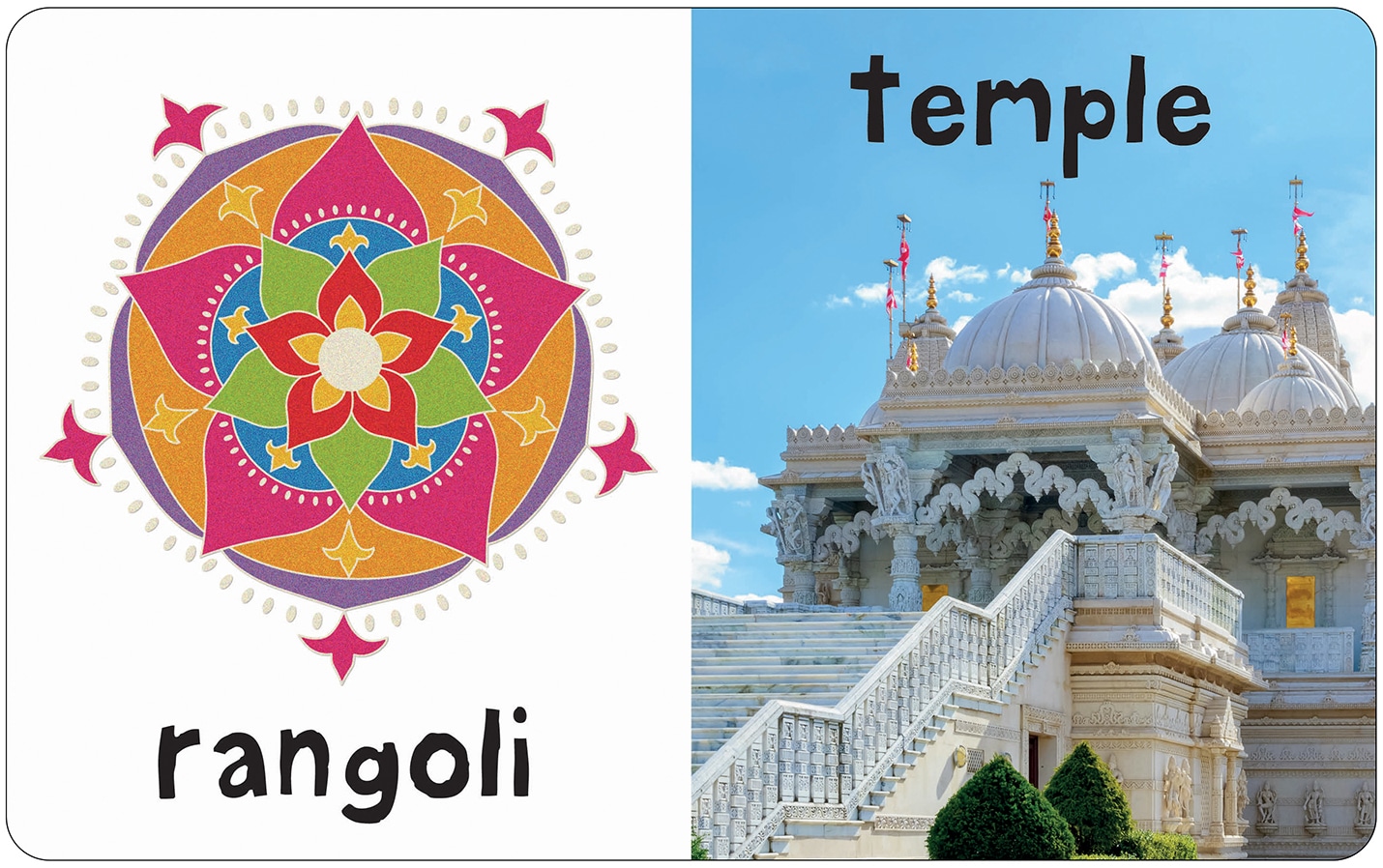 BB T&F Diwali Spread2_LR A colorful rangoli design and a white marble temple with ornate domes side by side.