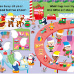 Colorful illustration of elves and animals making toys in a festive workshop with holiday decorations.