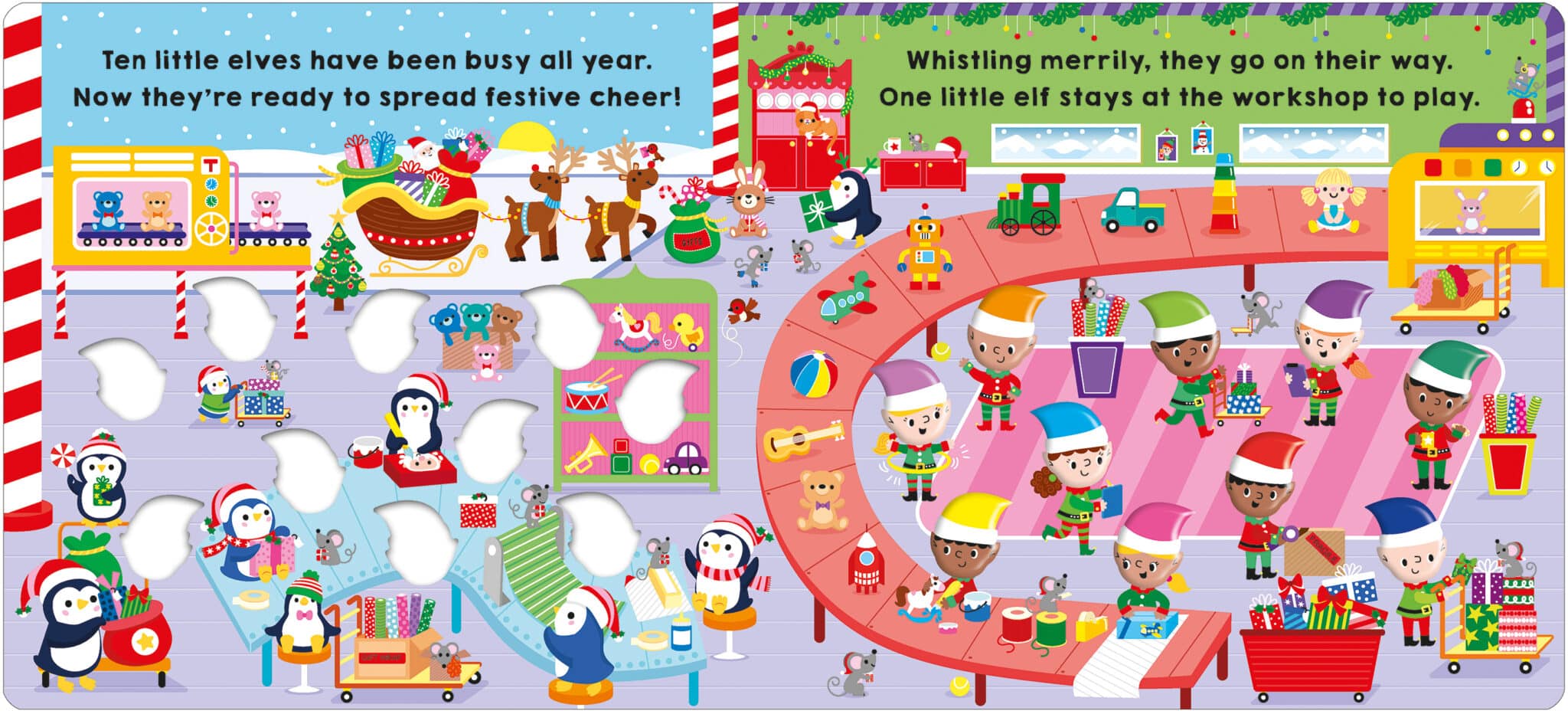 LITTLE SQUISHES 10 Little Elves Spread One_LR Colorful illustration of elves and animals making toys in a festive workshop with holiday decorations.