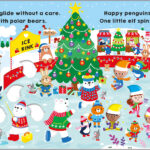 Elves and animals skate on an ice rink with a Christmas tree, penguins, and snowy village in the background.