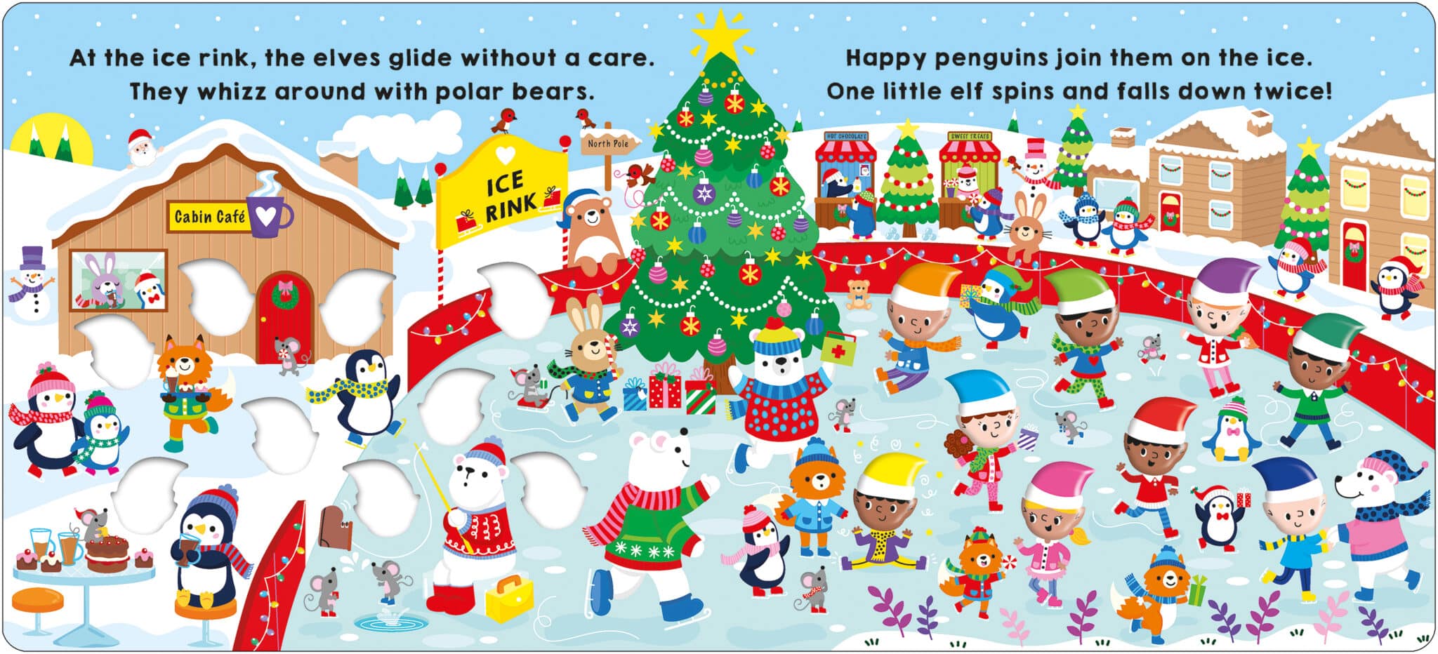 LITTLE SQUISHES 10 Little Elves Spread Two_LR Elves and animals skate on an ice rink with a Christmas tree, penguins, and snowy village in the background.