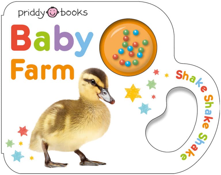 Board book cover with a duckling, colorful stars, and the text "Baby Farm" and "Shake Shake Shake.
