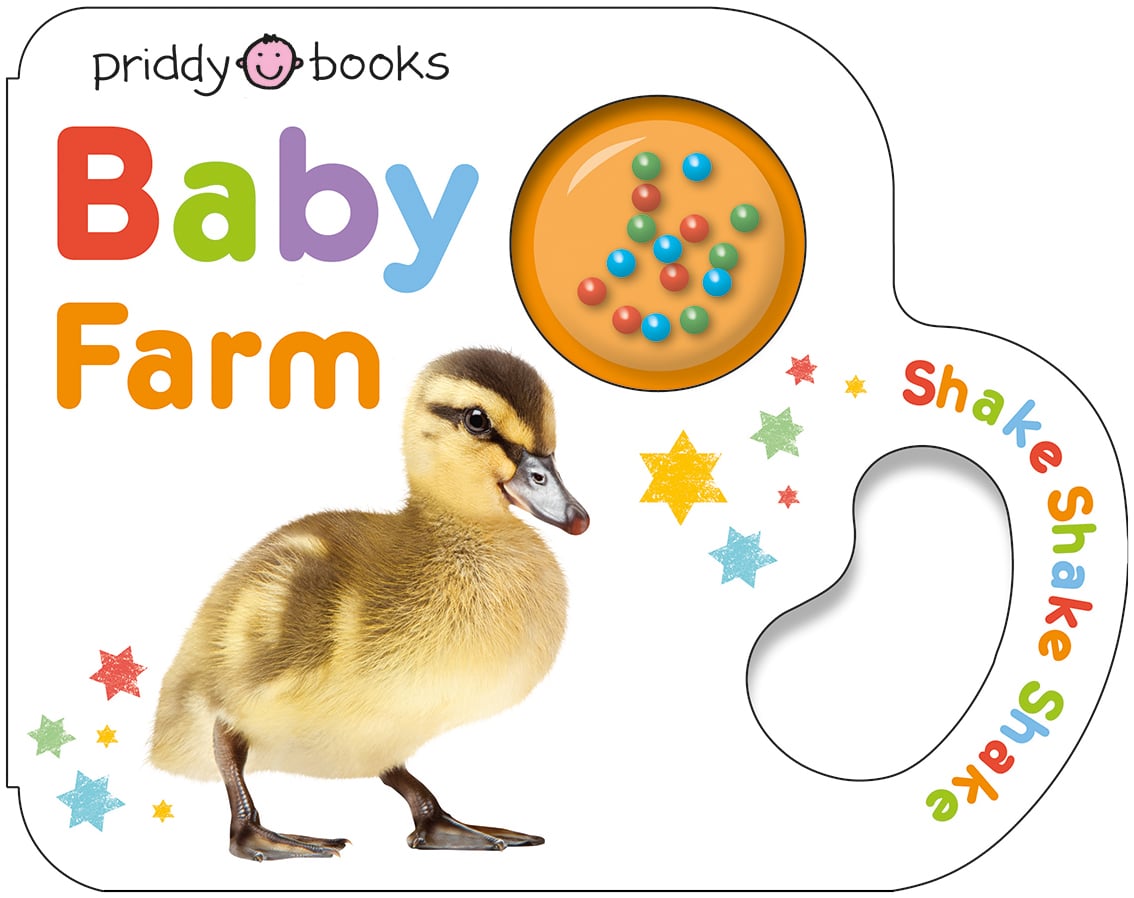 Little_Shakers_Farm_Cover_LR Board book cover with a duckling, colorful stars, and the text "Baby Farm" and "Shake Shake Shake.