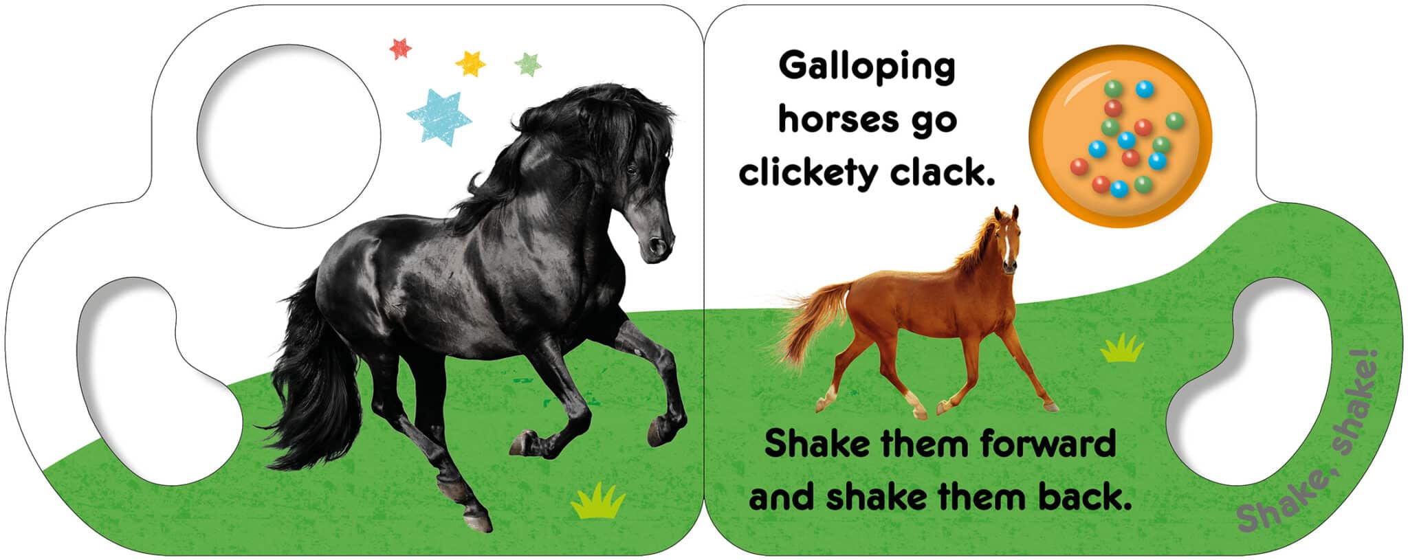 Little_Shakers_Farm_Spread 1_LR Two horses on green grass with stars, text, and a rattle with colorful beads on a children's book page.