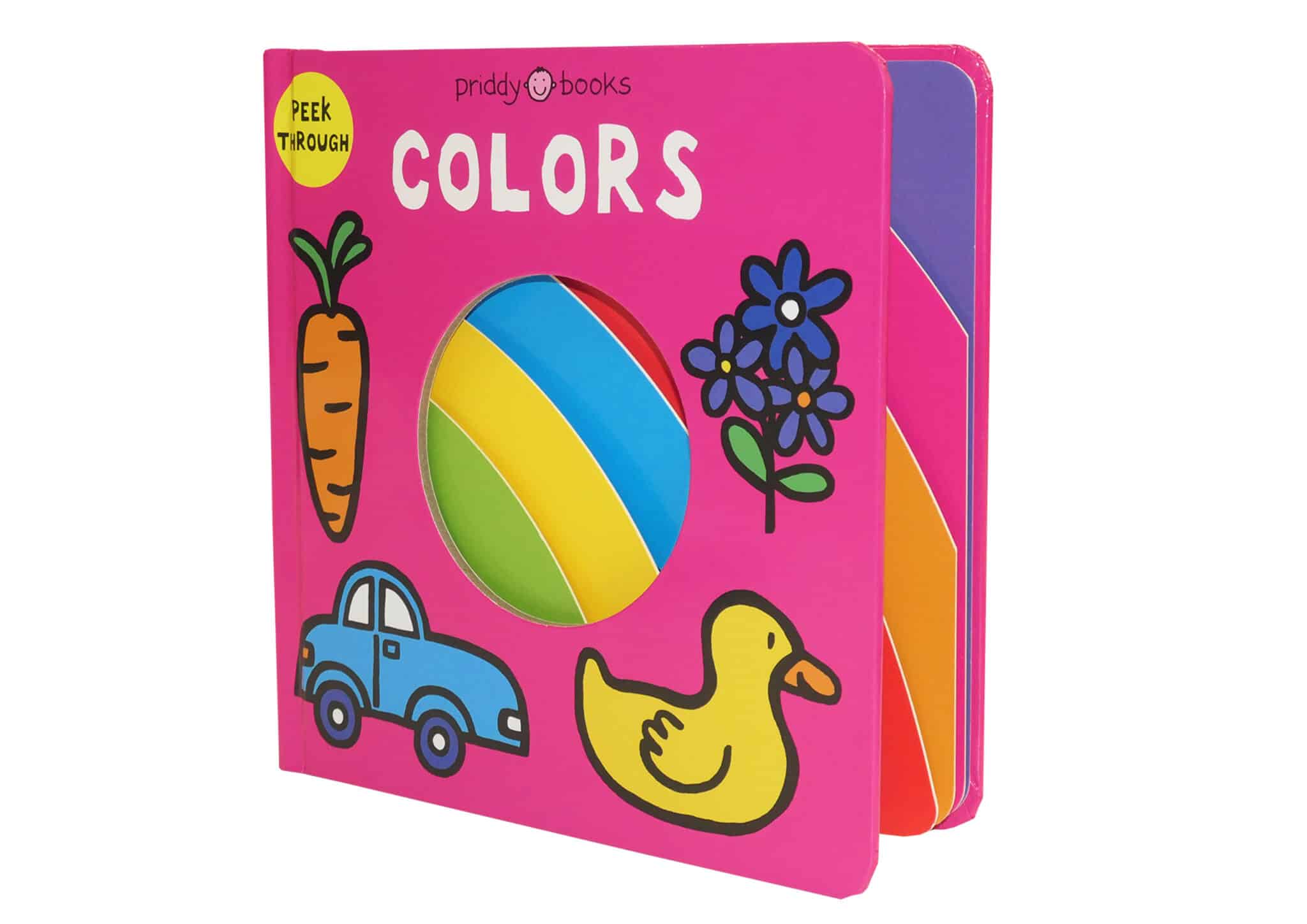 Peek Through Colors A pink book with pictures on it.