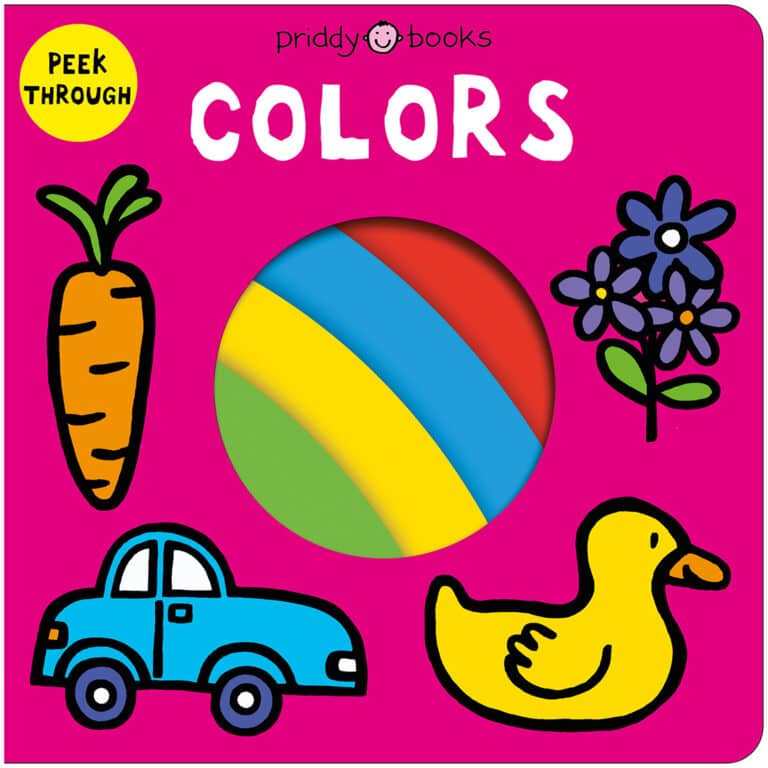 Bright pink children’s book cover with a carrot, flowers, car, duck, and rainbow; text reads "COLORS".
