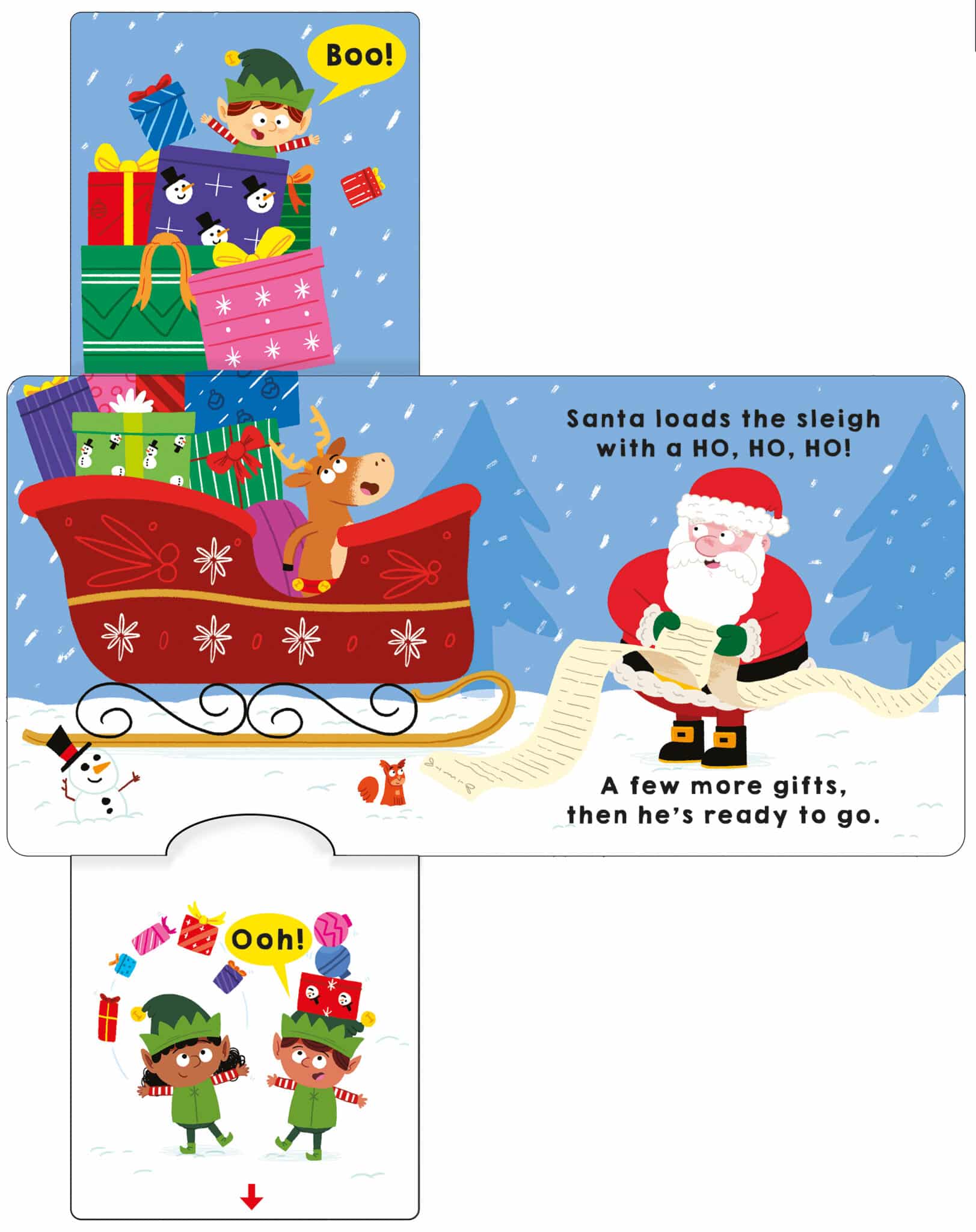 Slide & Surprise_Santa_Spread_1_LR Santa checks his list by a sleigh of gifts; elves pop up with presents and say "Boo!" and "Ooh!.