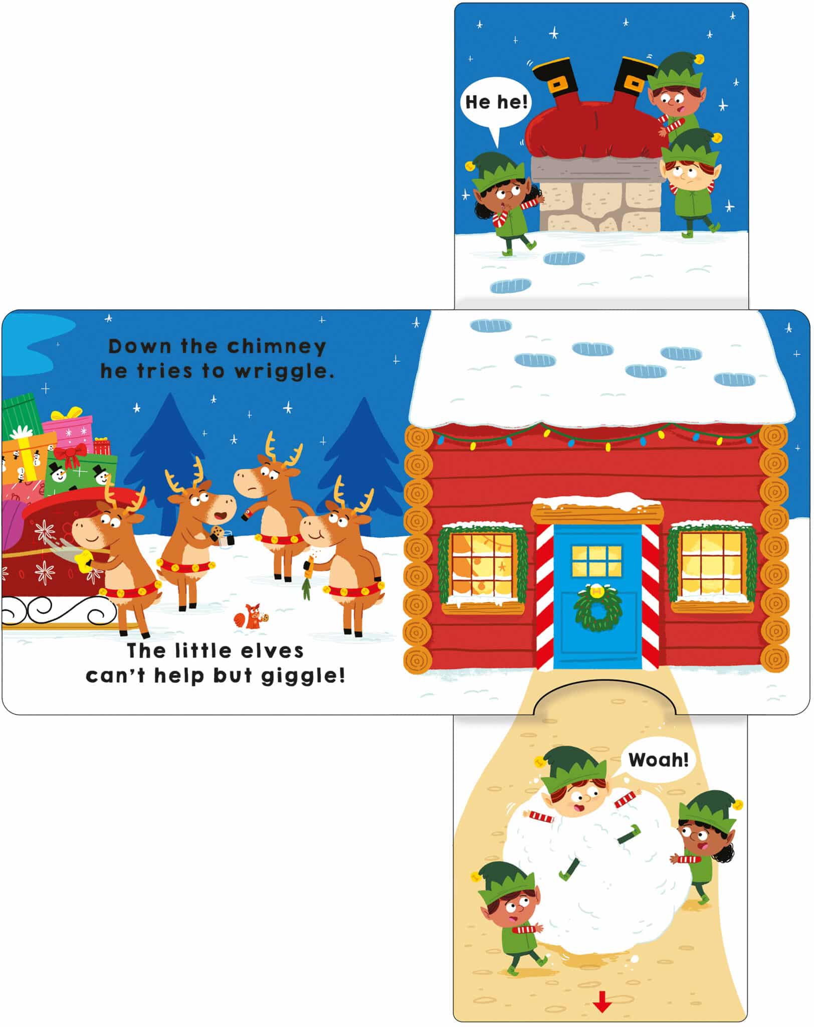 Slide & Surprise_Santa_Spread_2_LR Illustration of elves giggling at Santa stuck in a chimney and other elves falling into a snow pile outside a house.