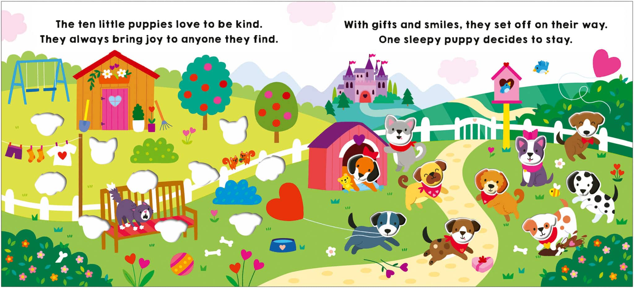 SquishyHeads_10_Little_Puppies_Spread1_LR Ten playful puppies enjoy a colorful garden, sharing gifts and smiles near a house, trees, and a distant castle.
