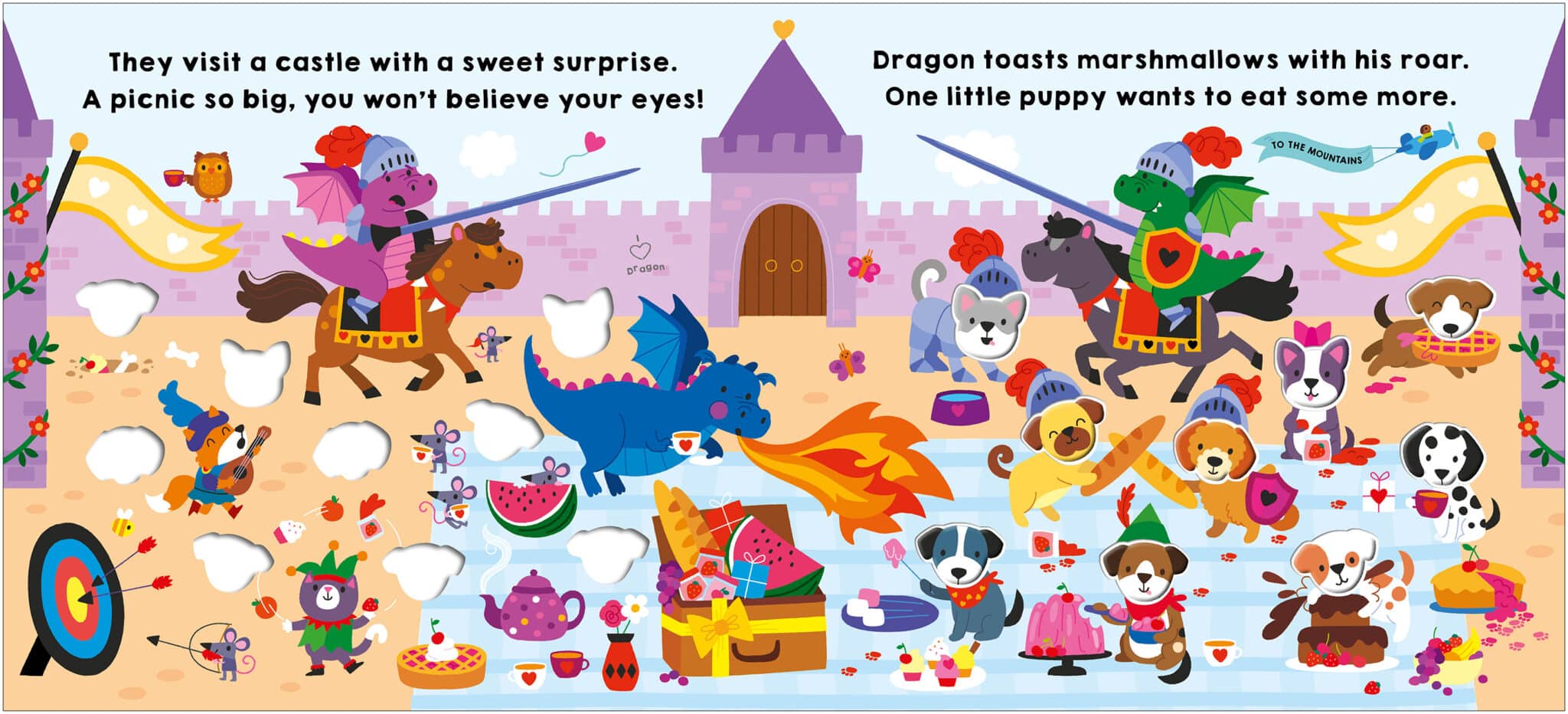 SquishyHeads_10_Little_Puppies_Spread2_US_RGB_LR Colorful picnic scene with knight puppies, a blue dragon, and lots of food in front of a castle.