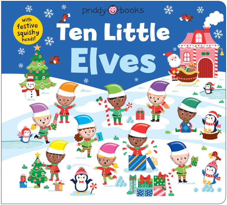 Colorful cover of "Ten Little Elves" with elves, Santa, gifts, snow, and festive winter decorations.