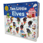 Cover of "Ten Little Elves" children's book, showing elves and festive winter scenes with a snowy background.