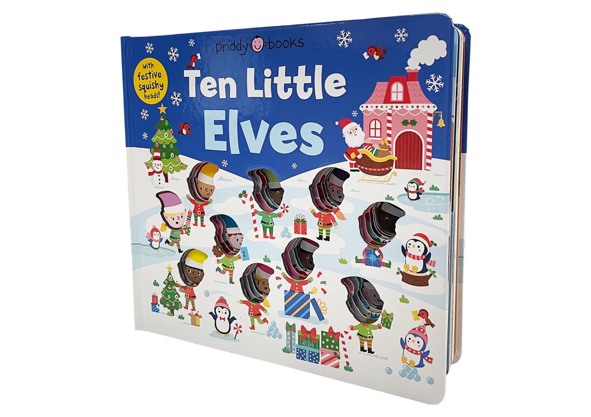 10 LITTLE ELVES Cover of "Ten Little Elves" children's book, showing elves and festive winter scenes with a snowy background.