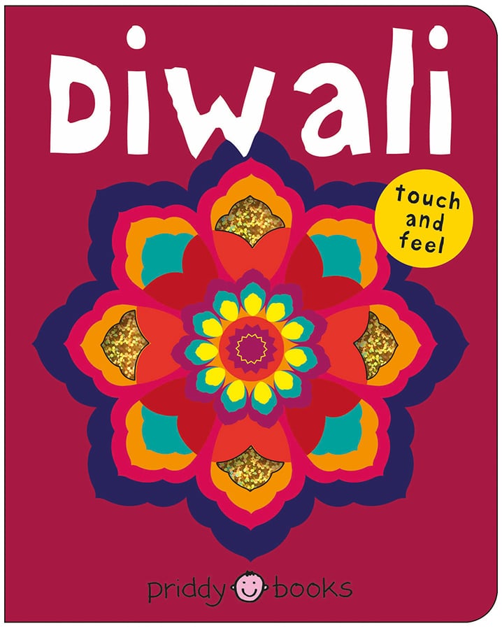 Colorful Diwali-themed book cover with a bright rangoli design and "touch and feel" label.