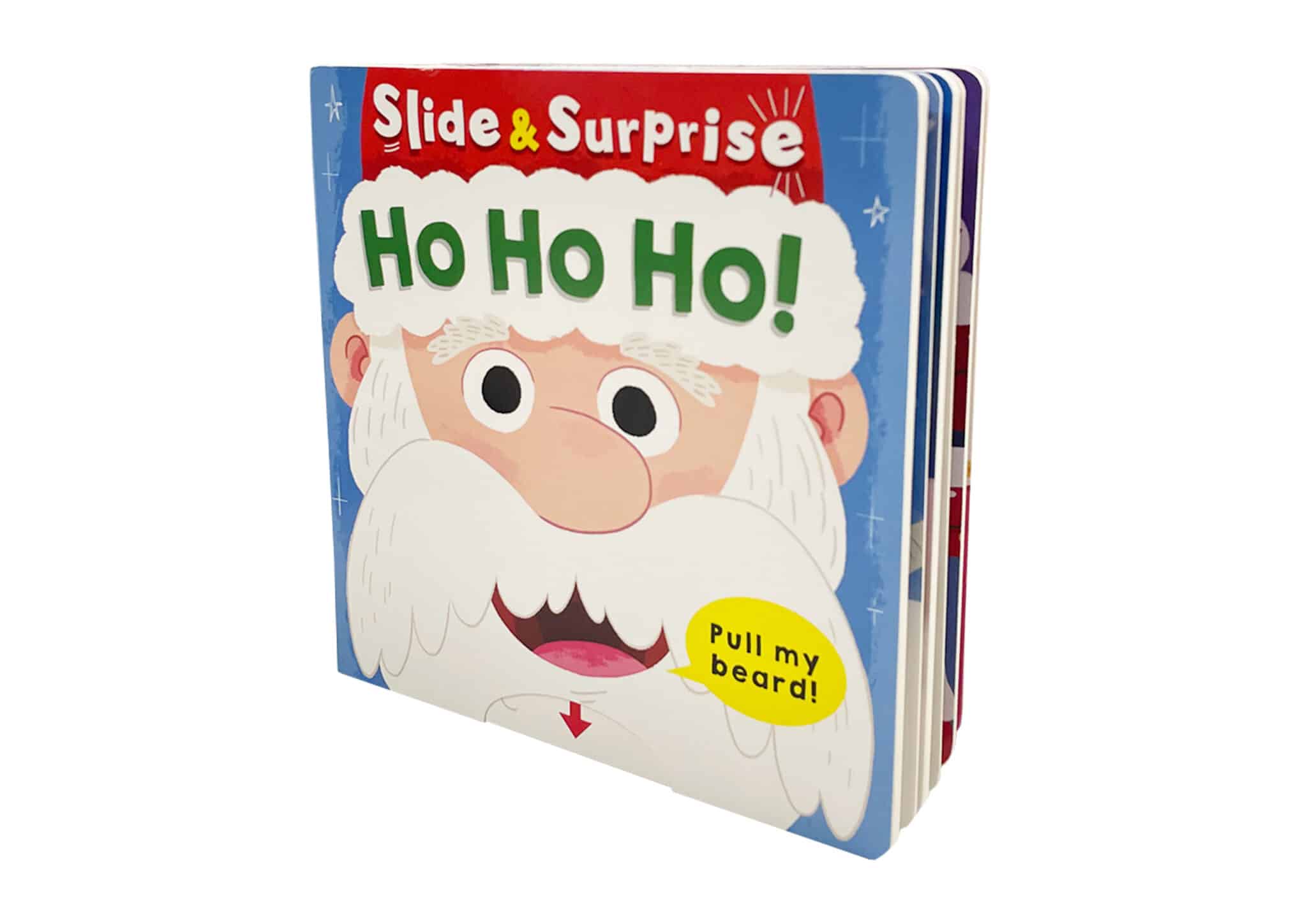 Ho Ho Ho Children’s book titled "Slide & Surprise Ho Ho Ho!" with a cartoon Santa face and "Pull my beard!" text on the cover.