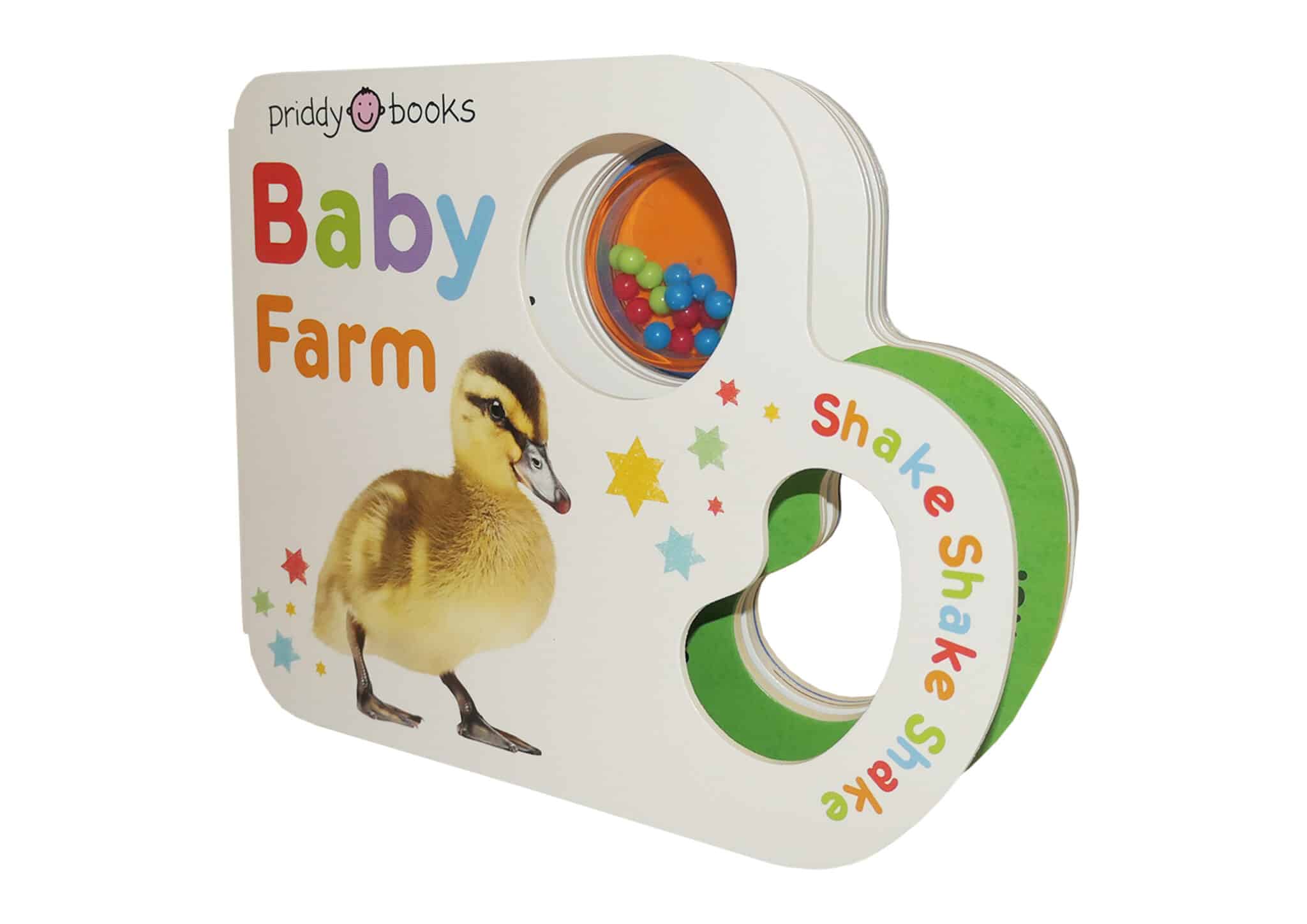 LITTLE SHAKERS BABY FARM Board book titled "Baby Farm" with a duckling, colorful beads, and the words "Shake Shake Shake" on the cover.