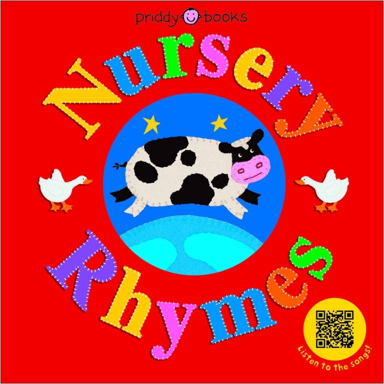 Colorful "Nursery Rhymes" book cover with a cow jumping over the moon, two ducks, and a QR code.