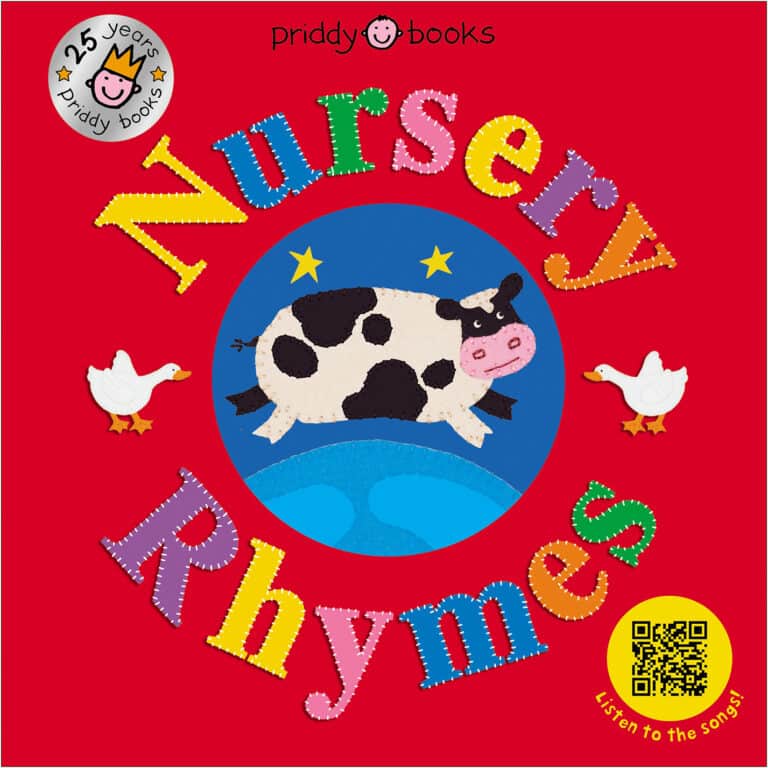 Colorful "Nursery Rhymes" book cover with a cow jumping over the moon, two ducks, and a yellow QR code.