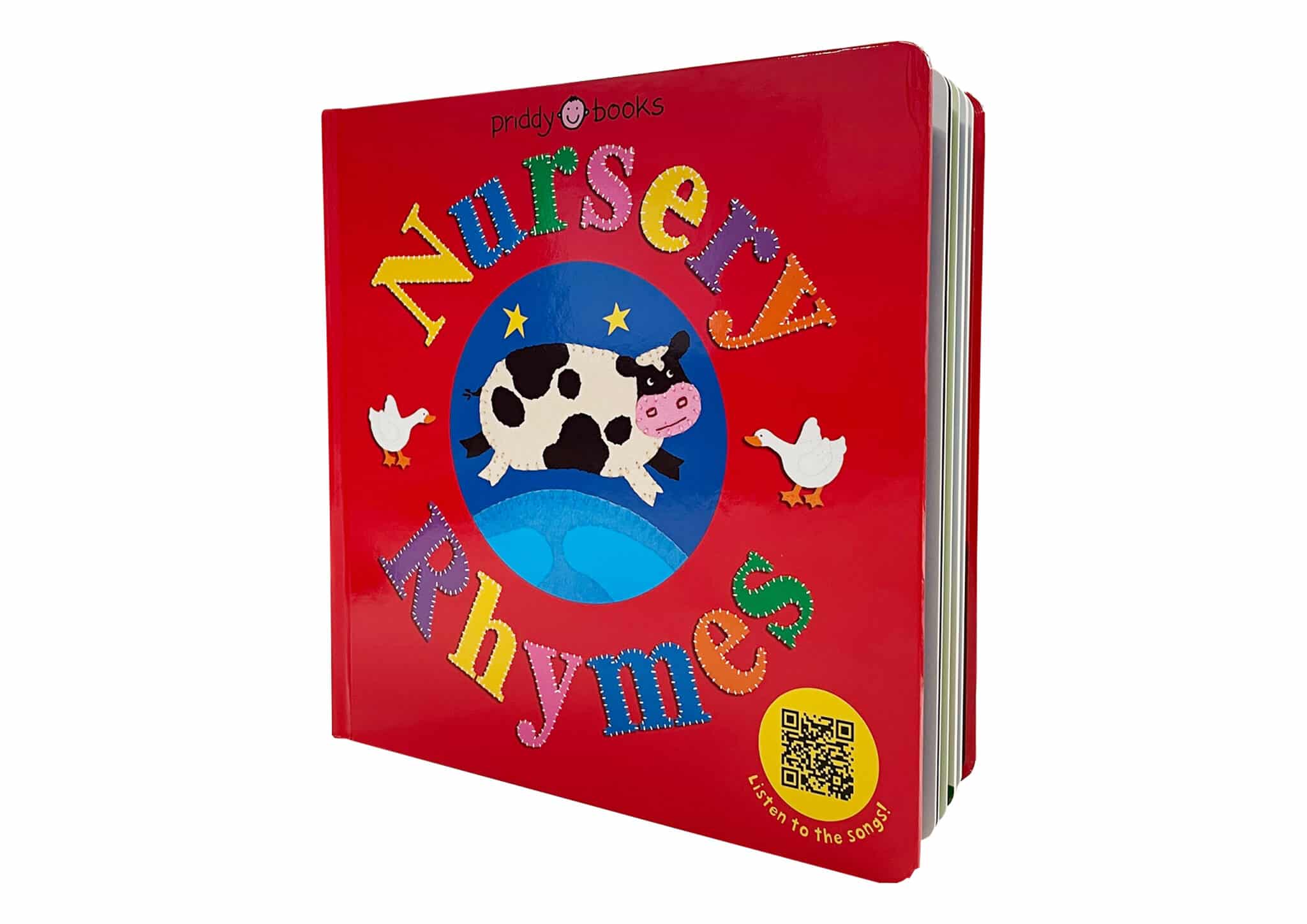 Nursery Rhymes QR_UK Red "Nursery Rhymes" book cover with a cow jumping over the moon and two ducks, published by Priddy Books.