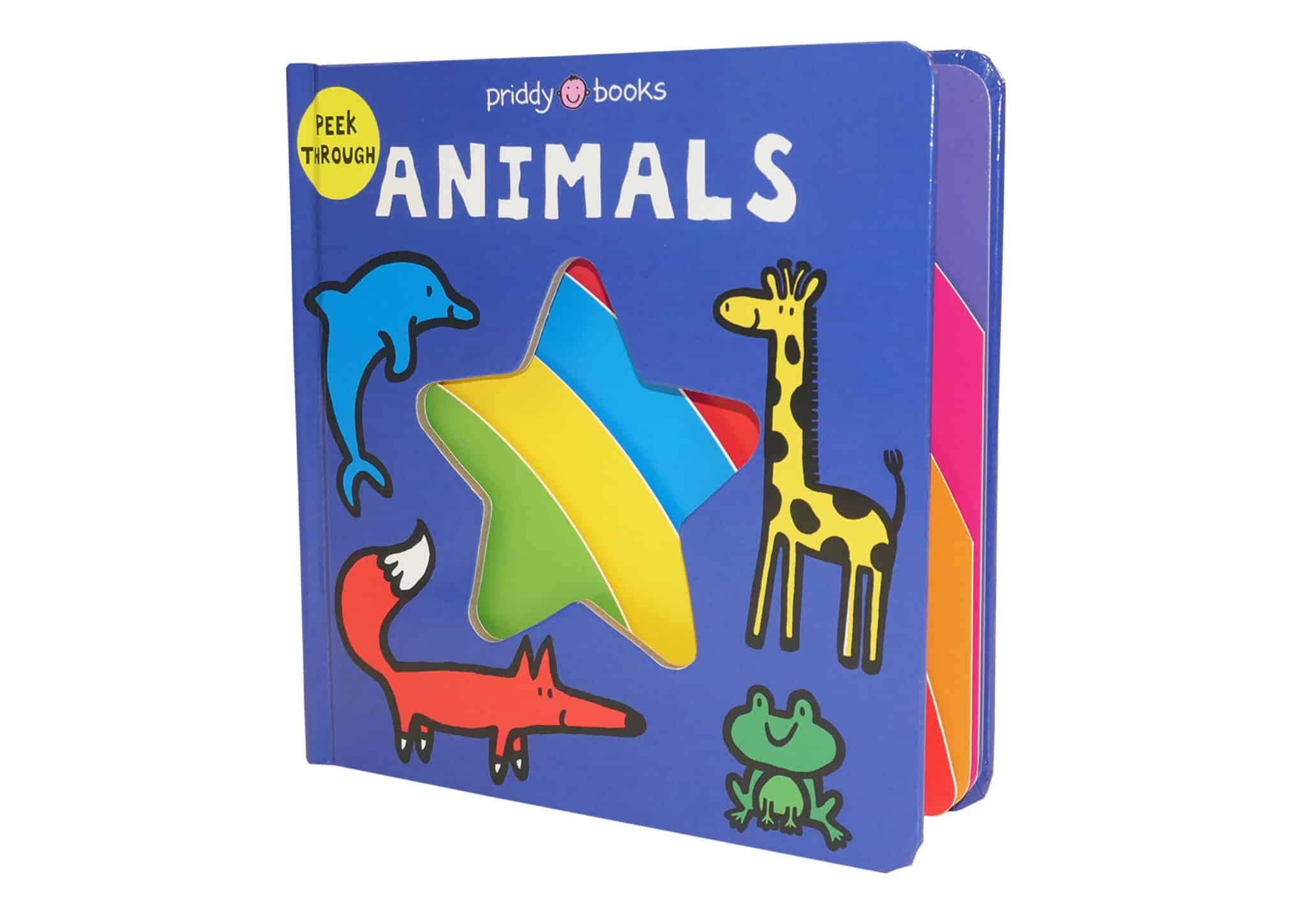 Peek Through Animals A colorful children’s board book titled “Animals” with illustrations of a dolphin, fox, frog, and giraffe.
