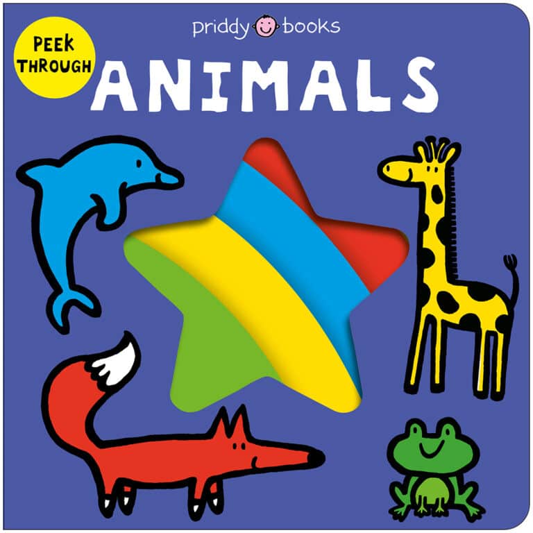 A colorful children's book cover with cartoon animals: dolphin, giraffe, fox, and frog, plus a star-shaped cutout.