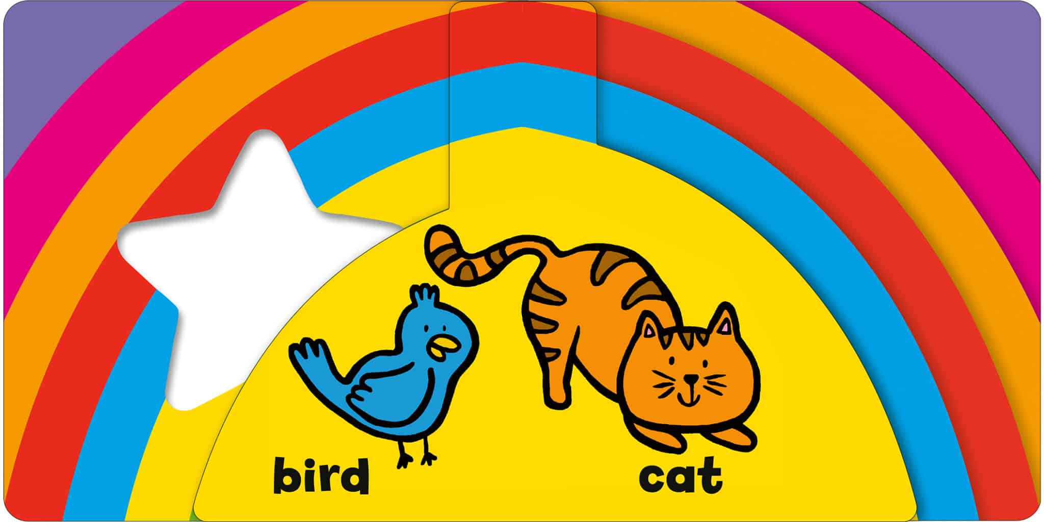PeekThrough_Animals_Spread2_LR A blue bird and an orange cat are illustrated under a rainbow, with "bird" and "cat" labeled beneath them.